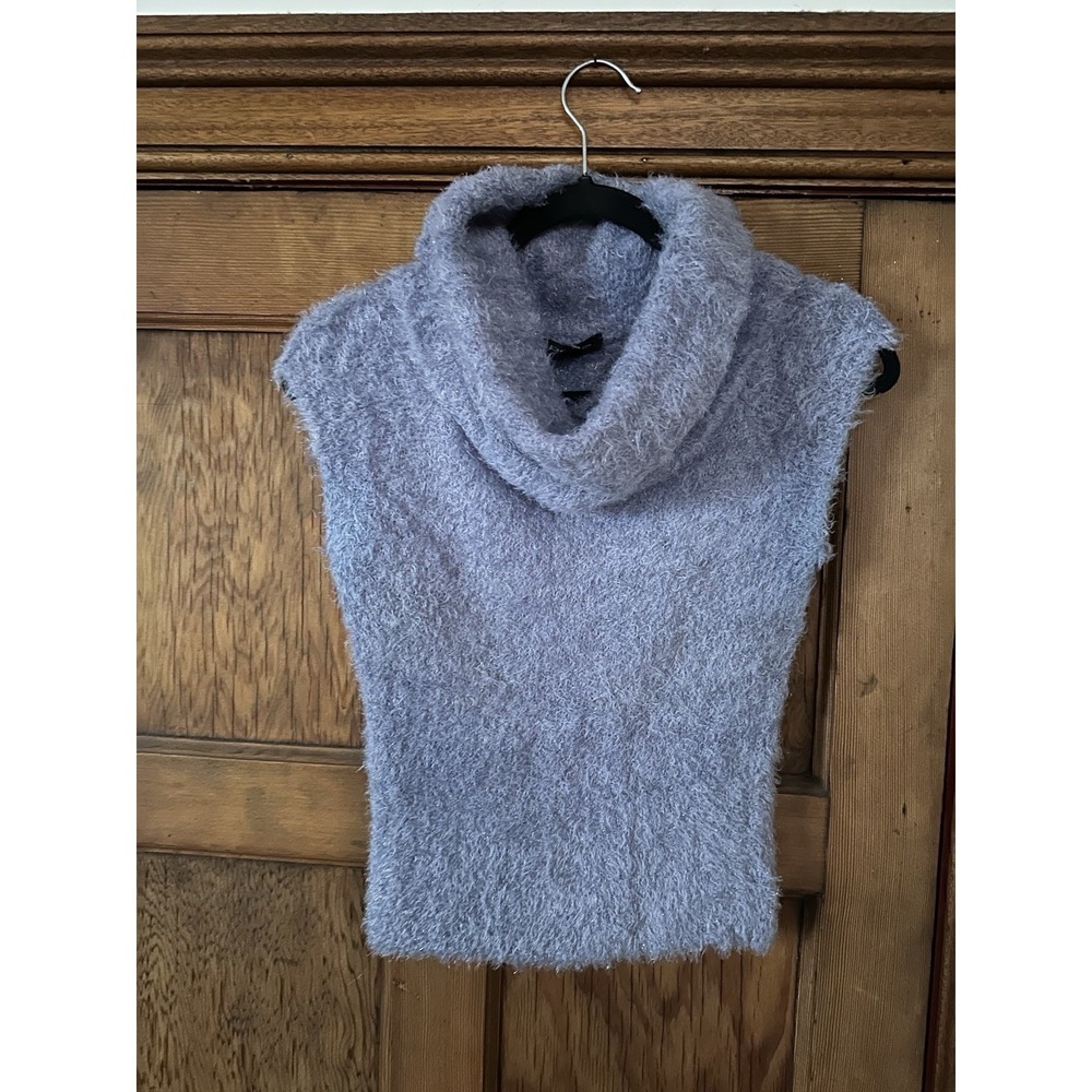VTG Y2K BeBe Fuzzy Turtle Neck Stretch Sleeveless Goth Punk Blue Size Small